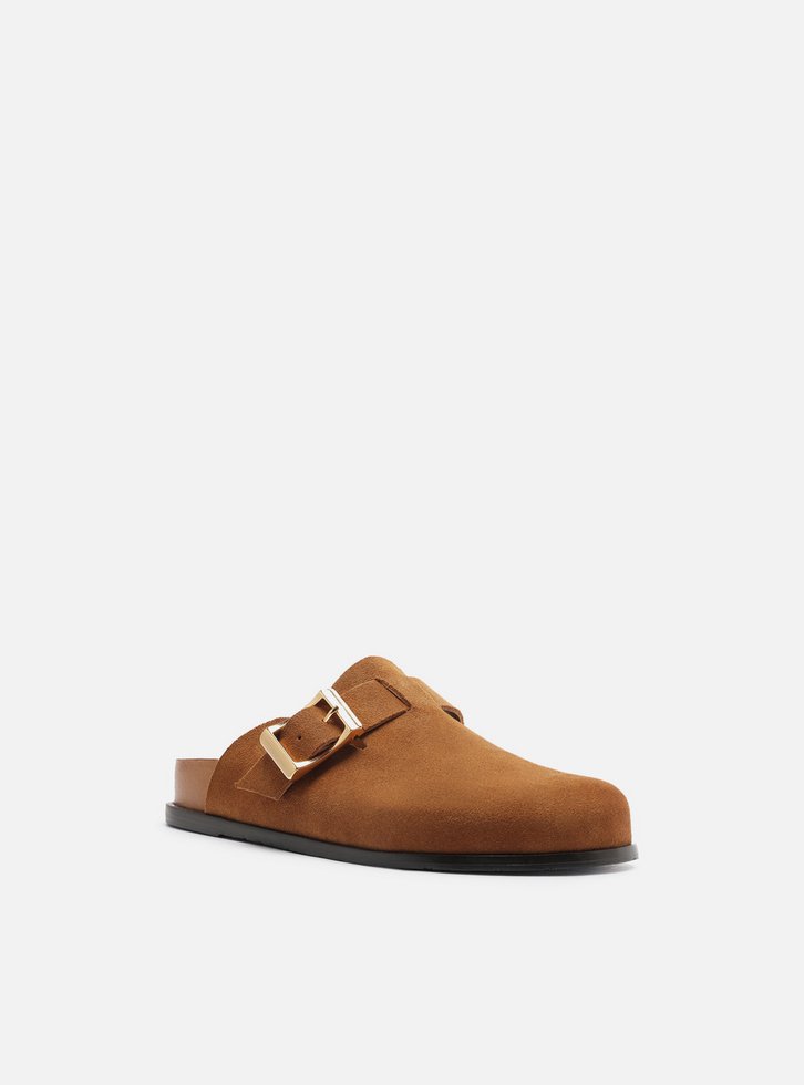 Clog Sabot Marrom Acamurçada Rasteira Fivela