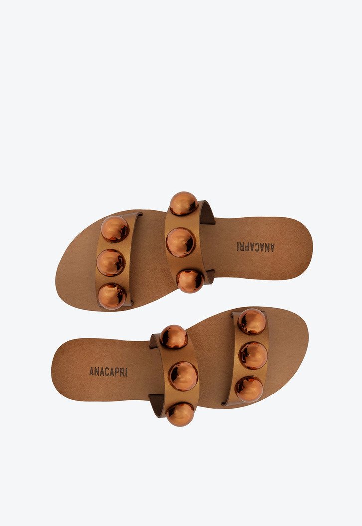 Rasteira Tiras Paralelas Esfera Pop Couro Bronze