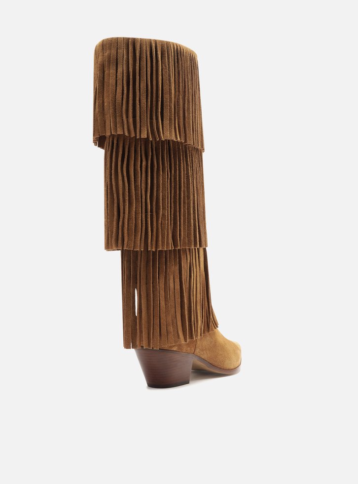 Bota Marrom Suede Cano Médio Bloco Franjas