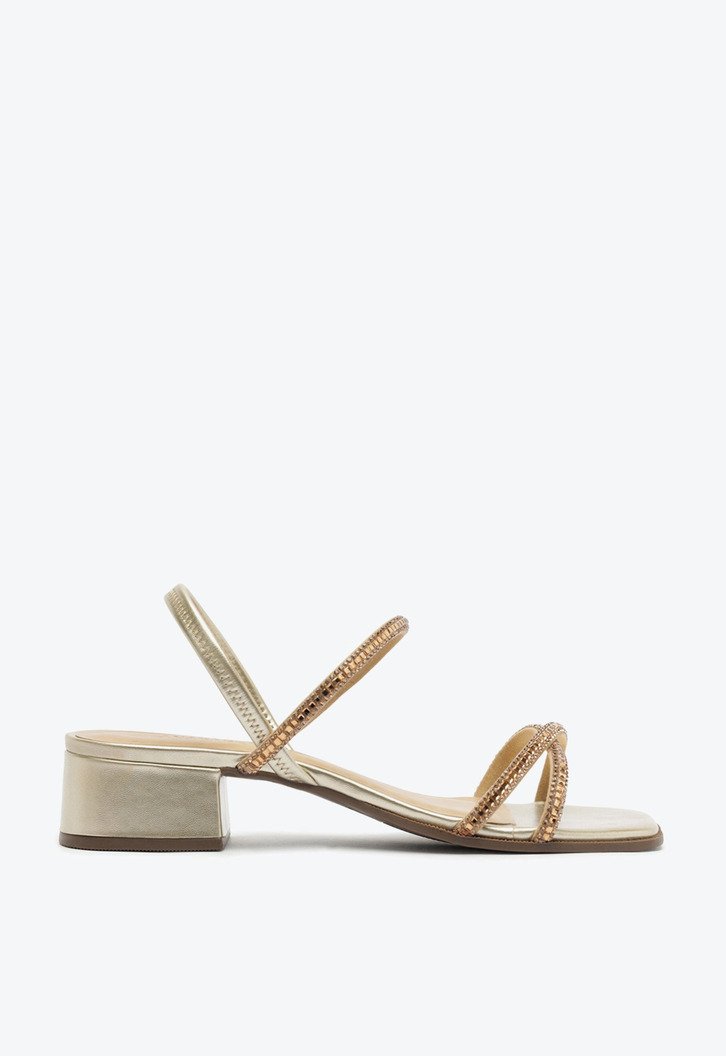 Sandália Salto Bloco Pedrarias Dourada