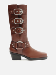 Bota Marrom Arezzo Couro Cano Médio Montaria West Fivelas