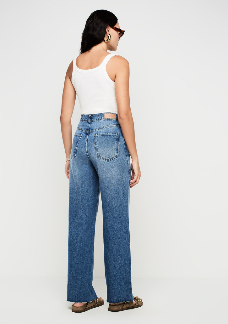 Calça Jeans Azul Dzarm Wide Leg Slim Cintura Alta