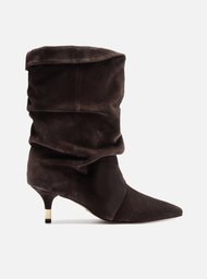 Bota Marrom Café Suede Cano Médio Salto Fino Slouch
