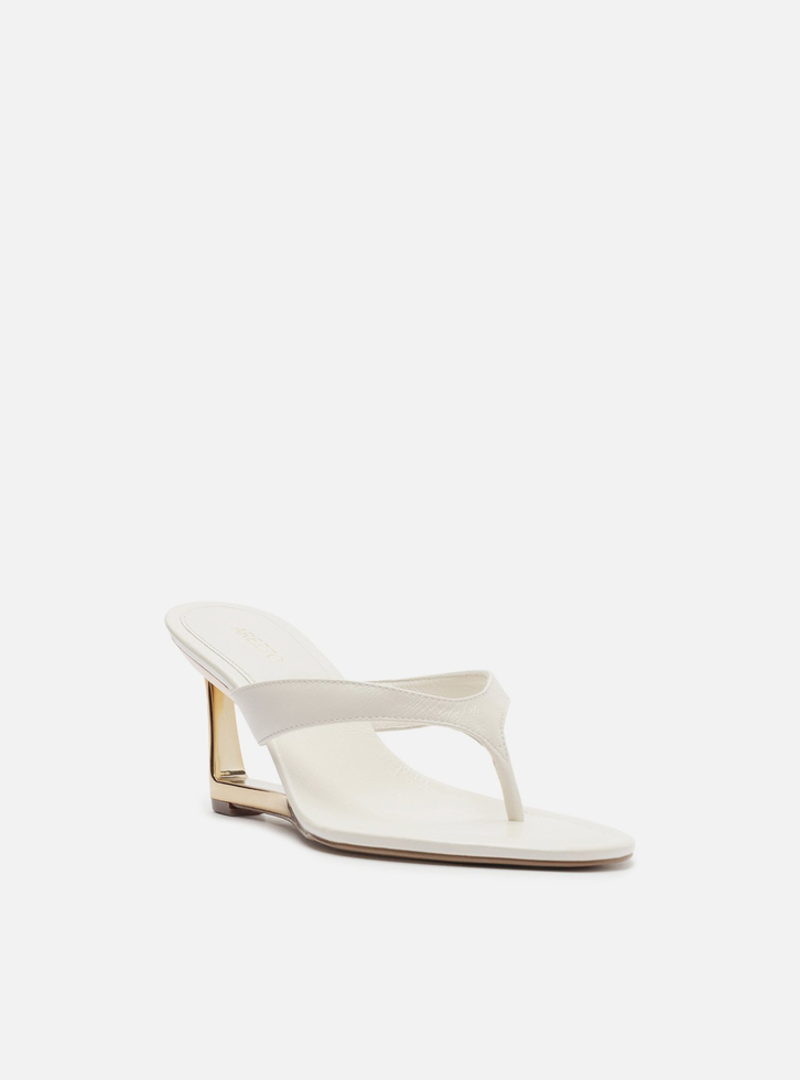 Tamanco Branca Couro Salto Geométrico Flip Flop