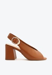Sandália Marrom Arezzo Couro Salto Bloco Cabedal Slingback
