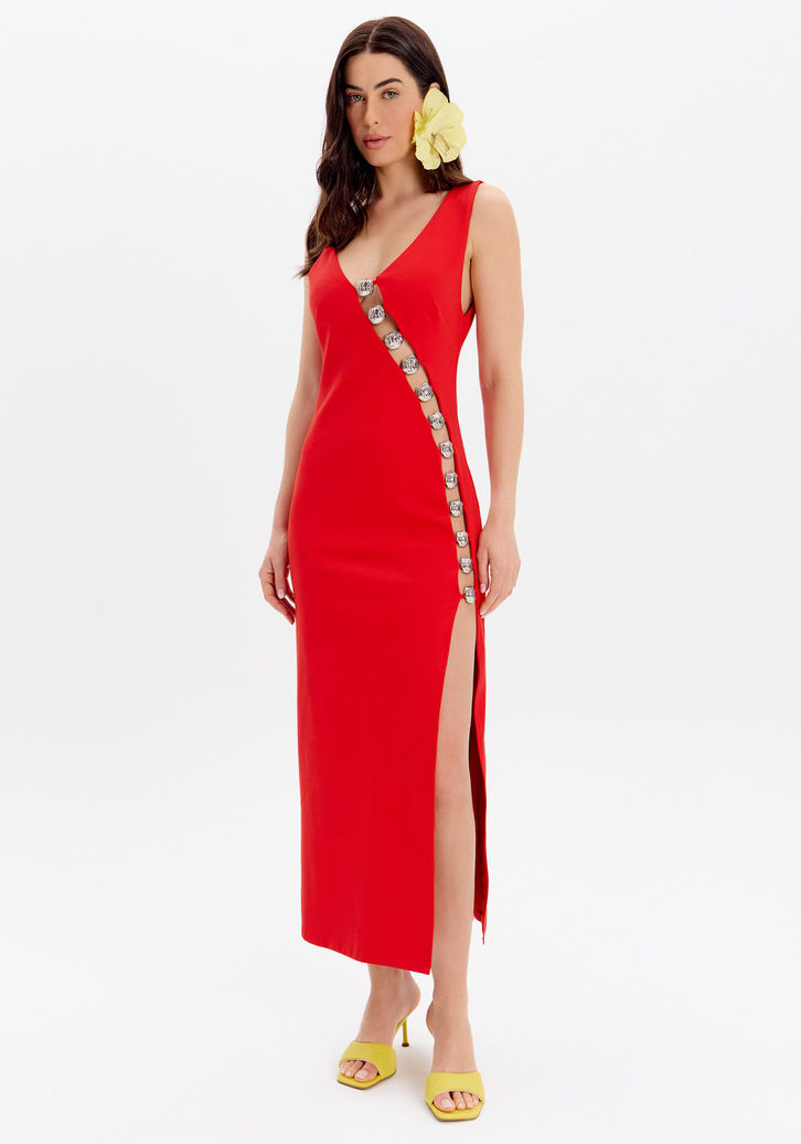 Vestido Vermelho Lança Perfume Super Midi De Alças Com Recorte E Fenda