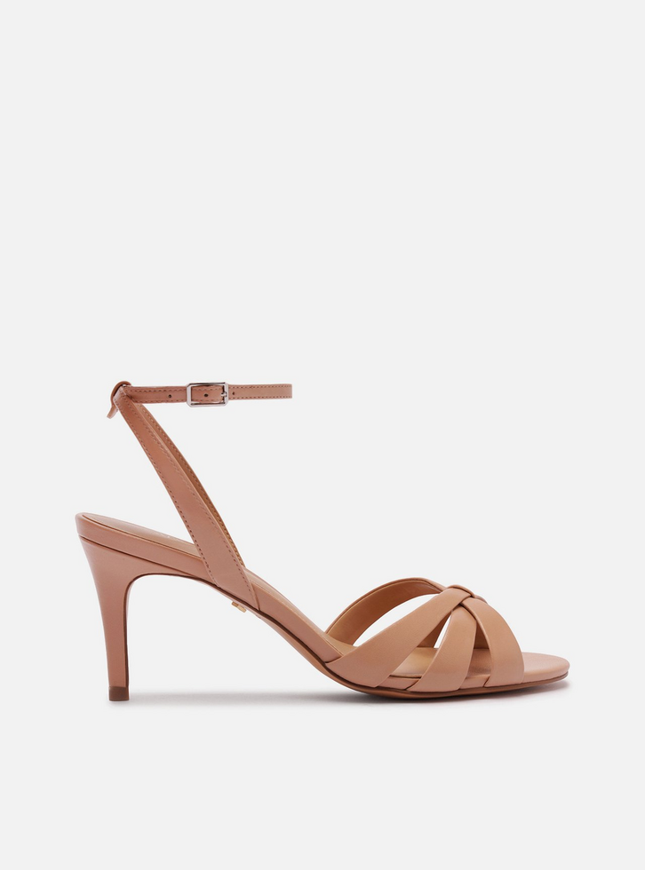 Sandália Rosa Couro Salto Médio Tiras Finas