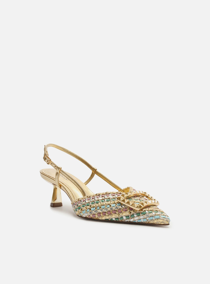 正式的 Scarpin Colorido Arezzo Color Tressê Bico Fino Slingback テープ・マスキングテープ