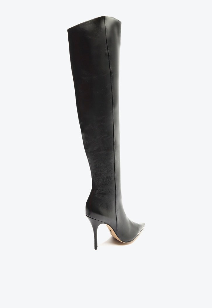 Bota Over The Knee Preta Couro Bico Fino ZZ MALL