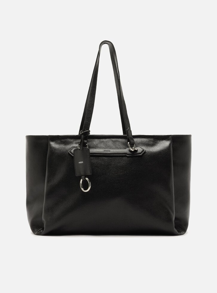 Bolsa Shopping Preta Couro Grande Metais