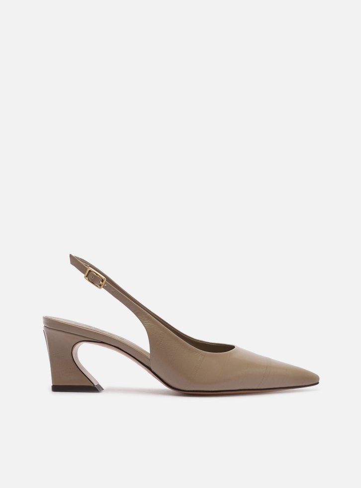 Scarpin Cinza Couro Salto Médio Geométrico Slingback