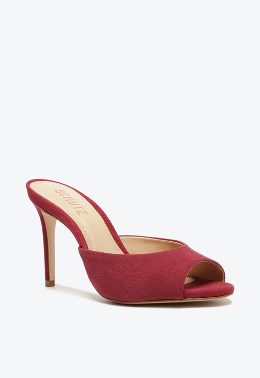 Sandália Mule Salto Médio Camurça Vermelha