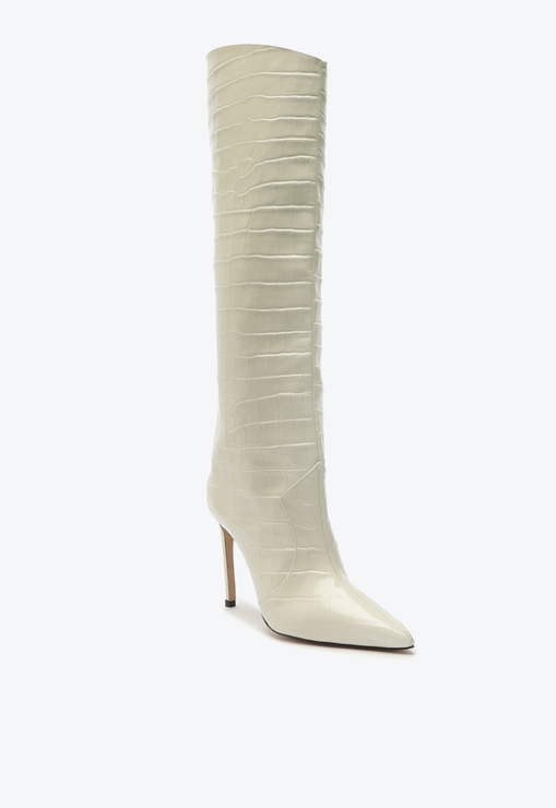 Bota Over The Knee Salto Fino Couro Croco Branca