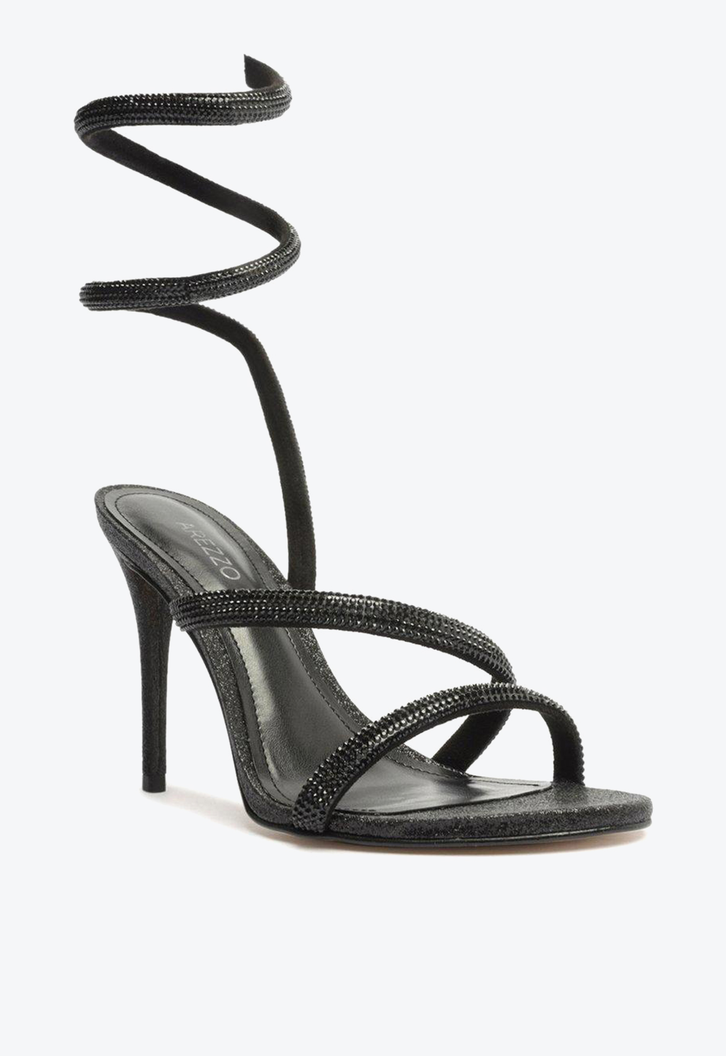 Sandália Preta Arezzo Salto Fino Espiral Glitter Strass Gigi