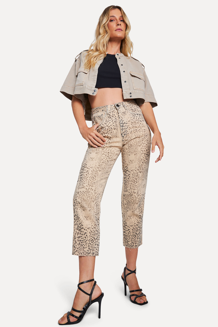 CALÇA SARJA BEGE REVERSA ANIMAL PRINT