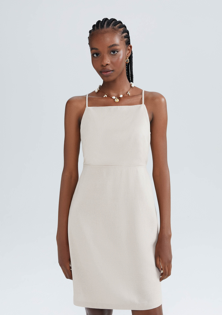 Vestido Bege Hering Curto Acinturado Com Linho