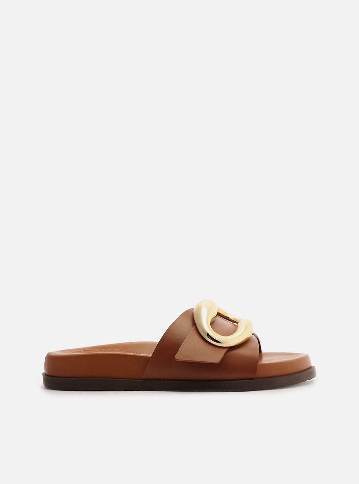 Rasteira Slide Caramelo Couro Metal Orgânico