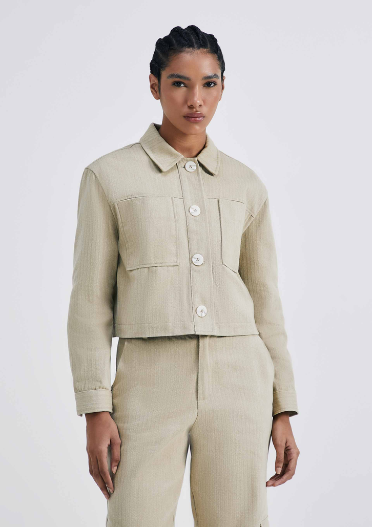 Jaqueta Bege Hering Cropped Em Tecido
