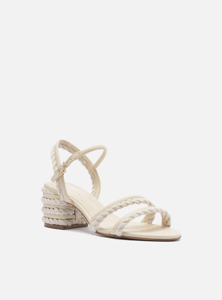 Sandália Off-White Salto Médio Cordão Bicolor