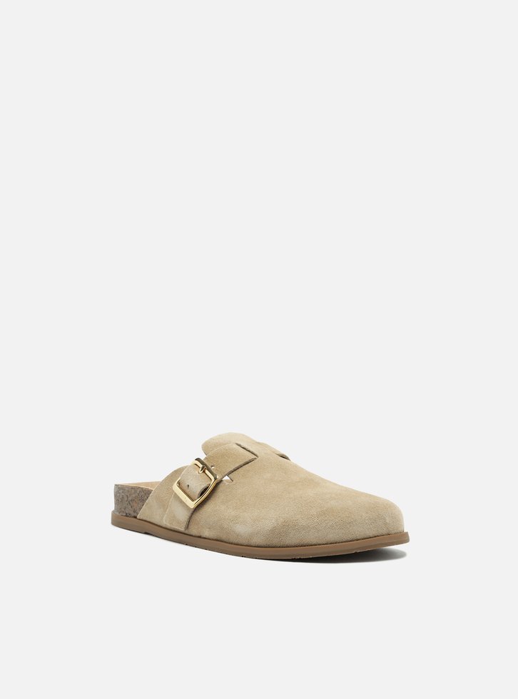 Clog Sabot Nude Camurça Rasteira Fivela