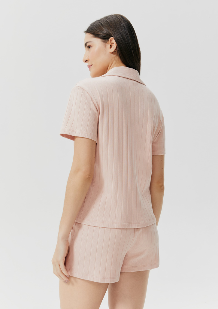 Pijama Curto Rosa Hering Feminino Canelado Gola Resort