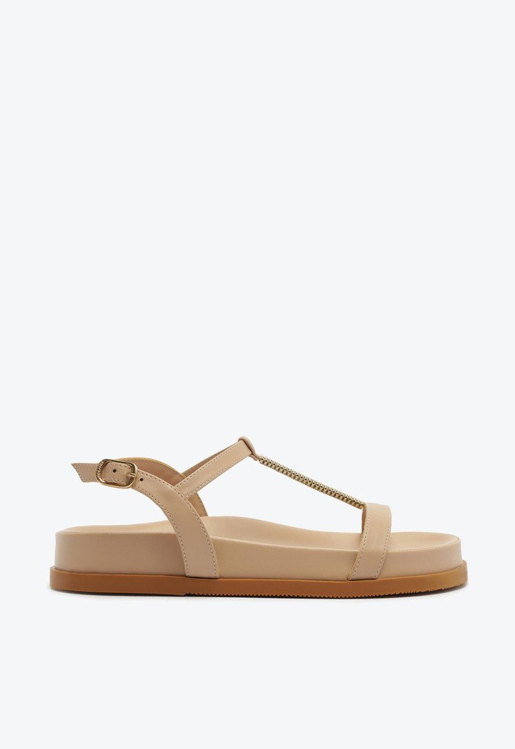 Sandália Papete Tiras Detalhes Metal Bege