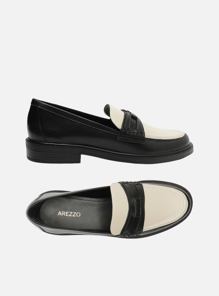 Mocassim Preto Arezzo Couro Tira Branco