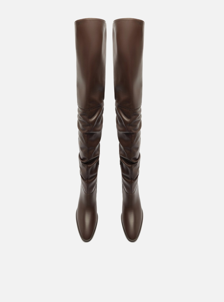 Bota Over The Knee Marrom Couro Salto Alto