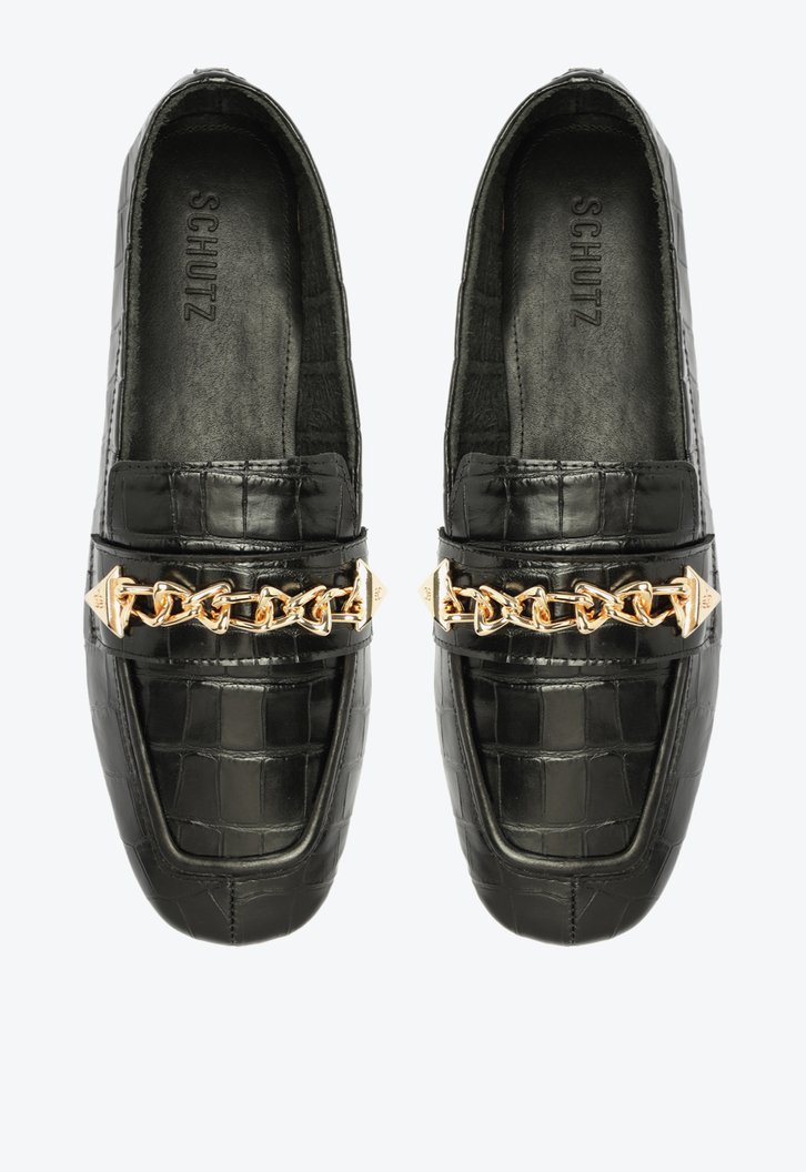 SAPATO MOCASSIM PRETO SCHUTZ CROCO CORRENTE COURO