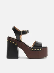 Sandália Preta Couro Salto Bloco Tachas | ZZ MALL