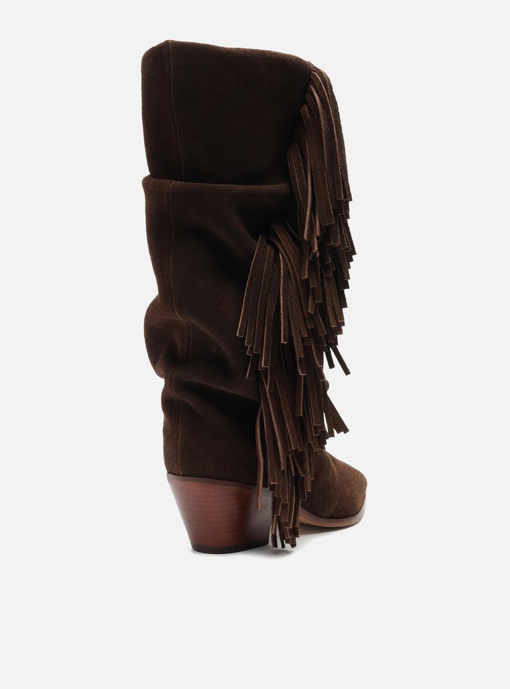 Bota Marrom Suede Cano Alto Bloco Franjas