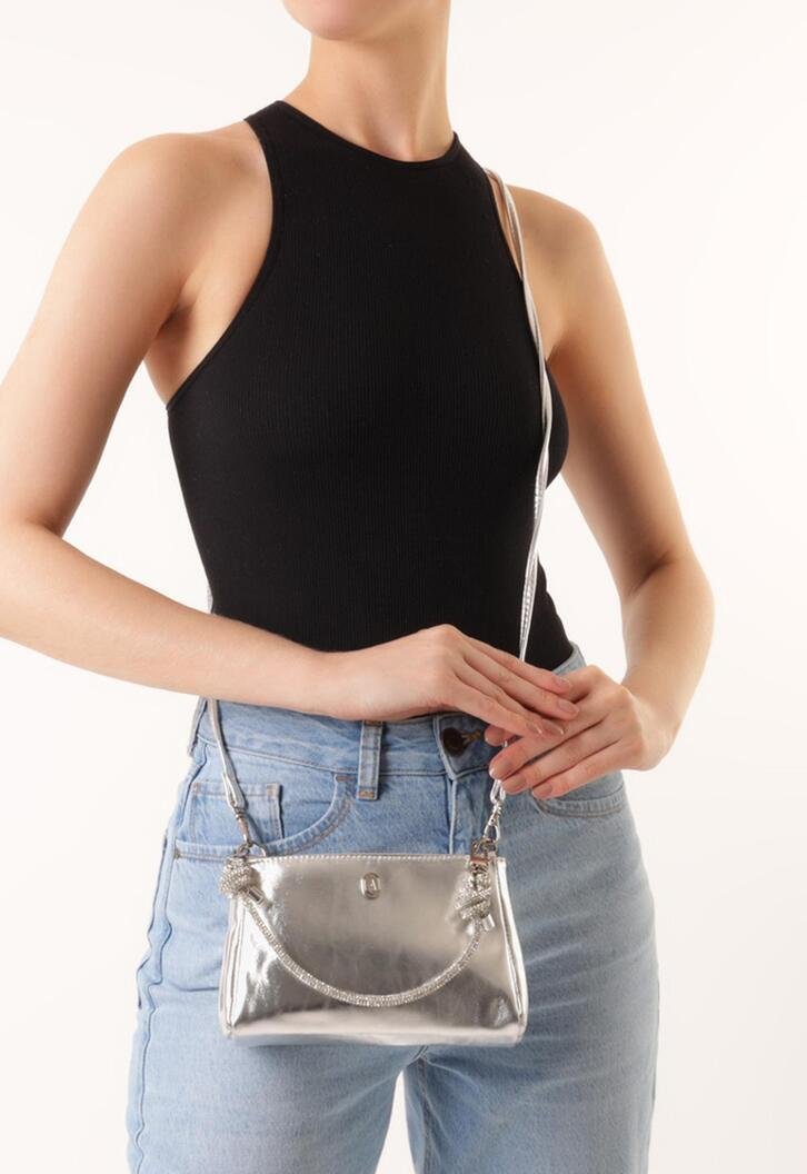 Bolsa Tiracolo Pequena Alça Strass Prata