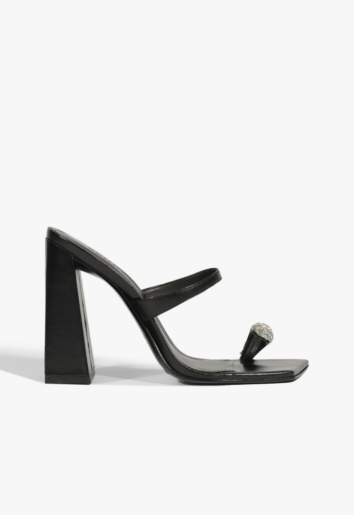 Sandália Mule Salto Alto Verniz Strass Couro Preta