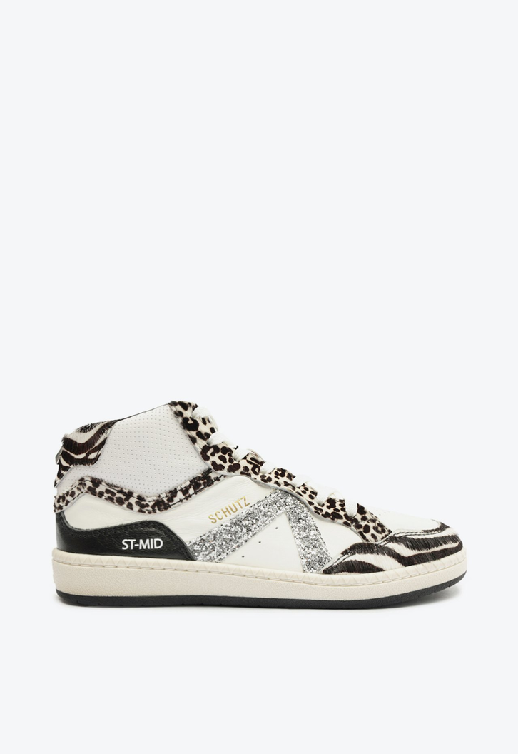 Tênis Branco Schutz Cano Alto St Mid Couro Glitter Zebra