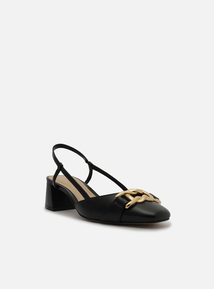 Scarpin Preto Arezzo Couro Bico Quadrado Aberto Metal