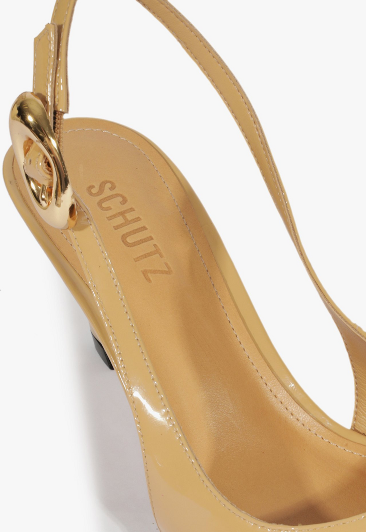 Sapato Scarpin Slingback Salto Médio Verniz Couro Bege