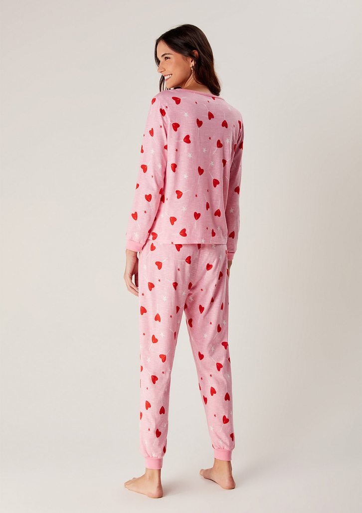 Pijama Rosa Médio Hering Longo Estampado Em Malha Flamê