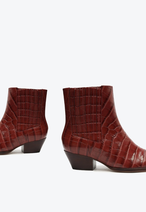 Bota Western Briani Salto Bloco Baixo Couro Croco Marrom