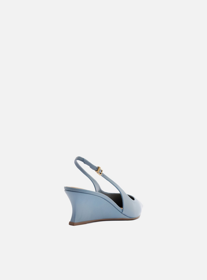 Scarpin Azul Couro Salto Baixo Anabela Slingback