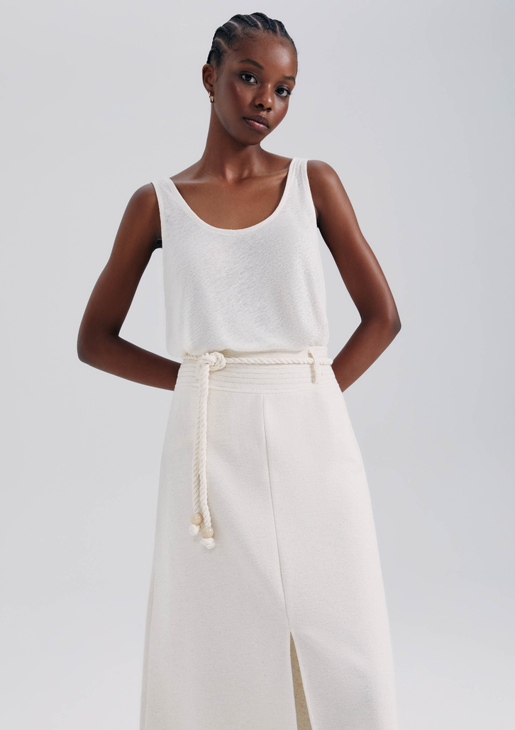 Saia Midi Off White Hering Texturizada Com Linho