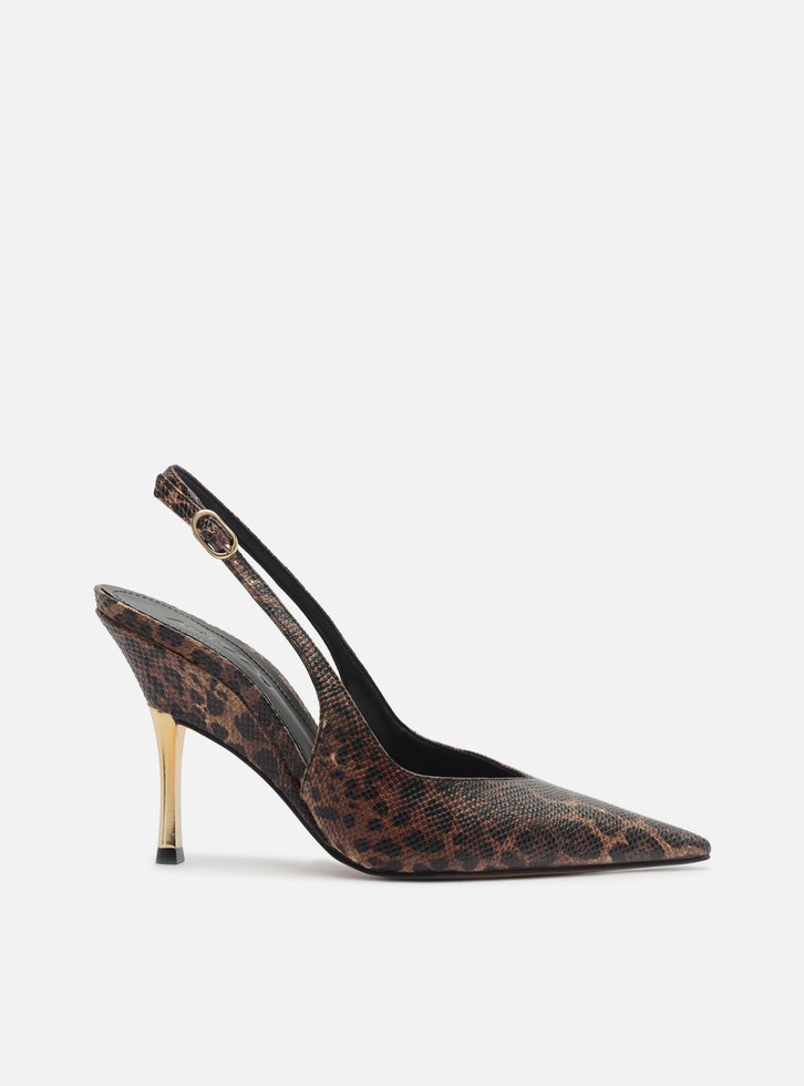 Scarpin Animal Print Slingback Salto Alto Dourado