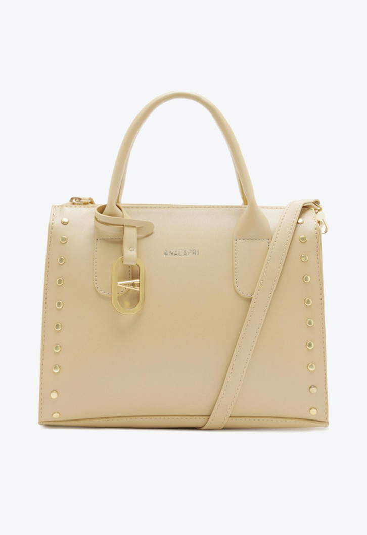 Bolsa Tote Média Bege Tachas