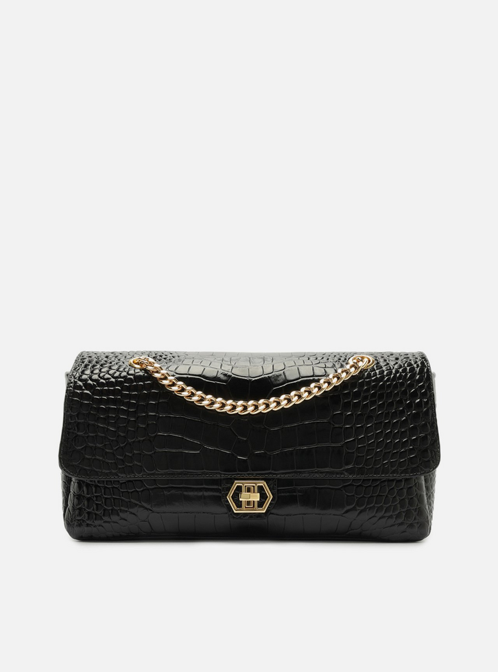 Bolsa Tiracolo Preta Couro Grande Croco Corrente