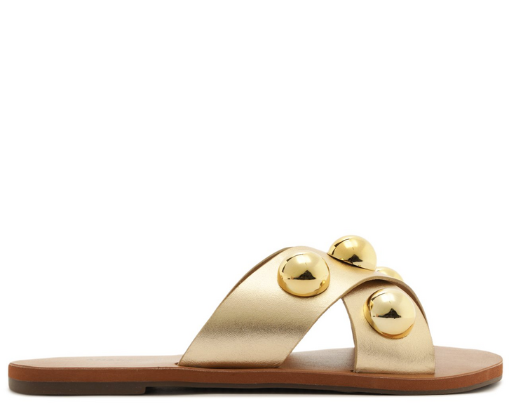 Rasteira Tiras Cruzadas Couro Adorno Dourada