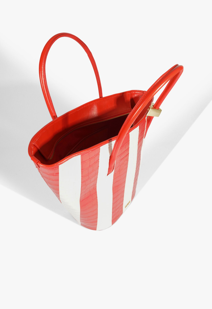 Bolsa Bucket Cayla Stripes Couro Croco Vermelha e Branca