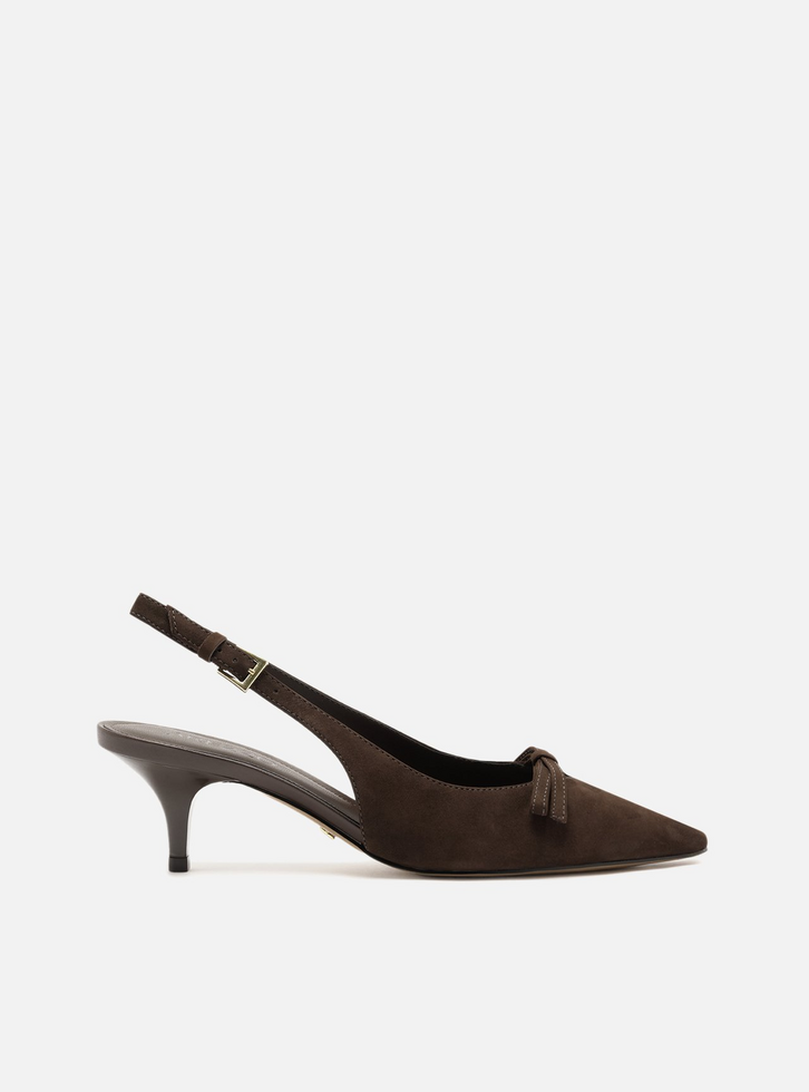 Scarpin Marrom Acamurçado Salto Fino Slingback Laço