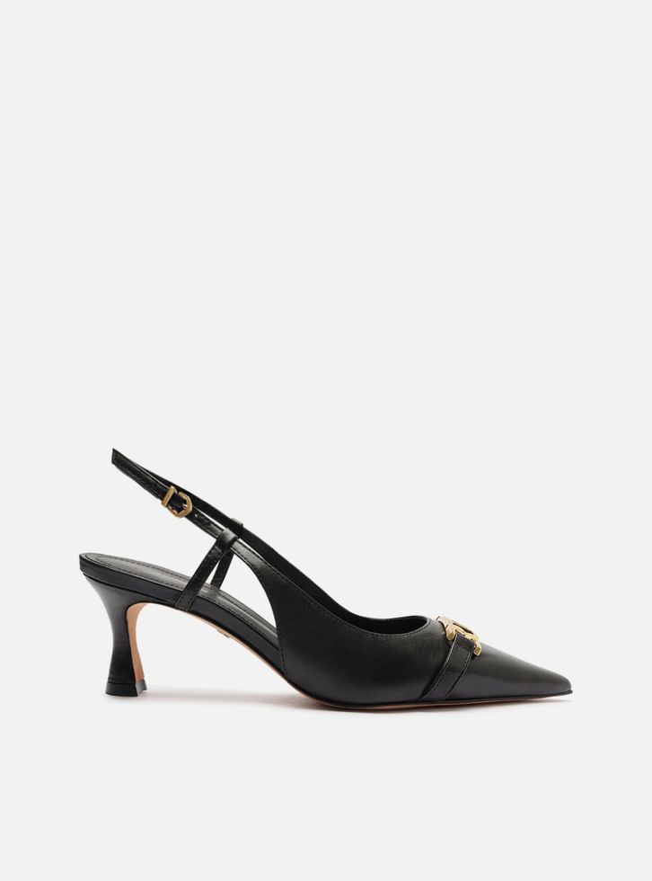 Scarpin Preto Arezzo Couro Bico Fino Slingback Metal