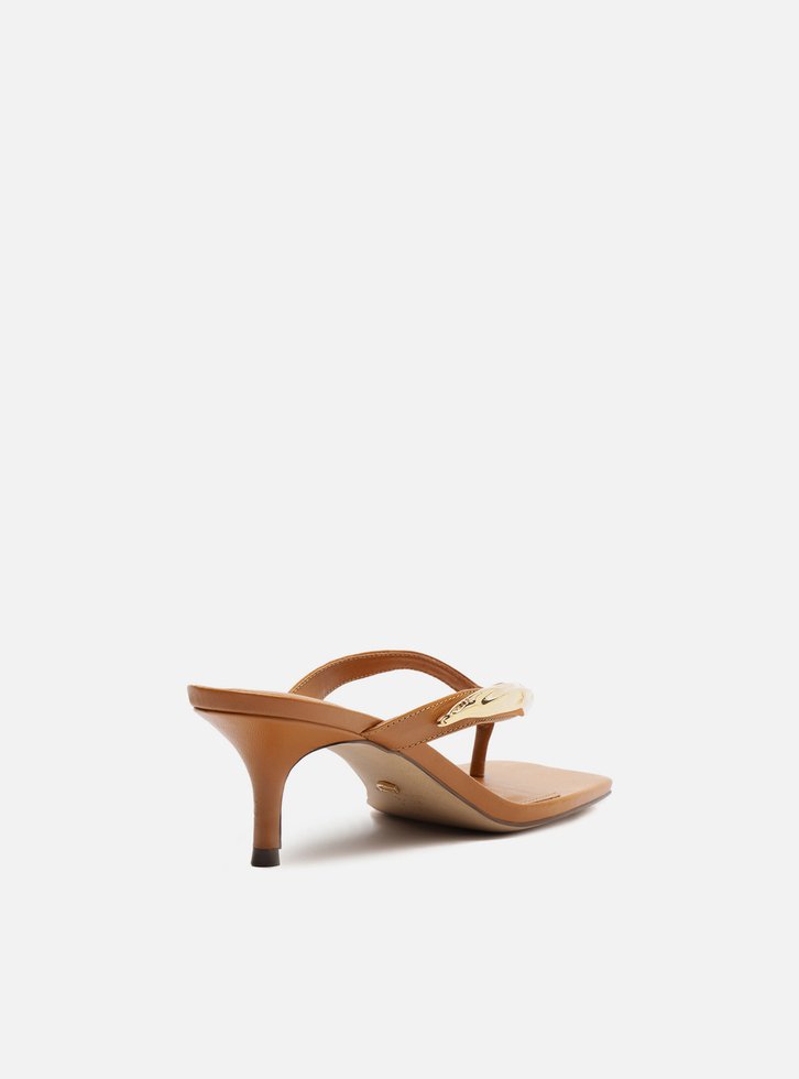 Tamanco Marrom Couro Salto Fino Flip Flop Metal