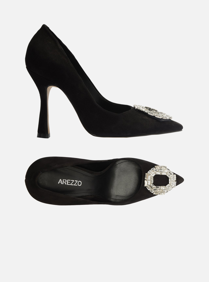 Scarpin Preto Nobuck Bico Fino Pedraria