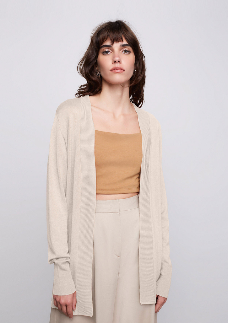 Cardigan Marrom Dzarm Aberto Em Tricot Alongado